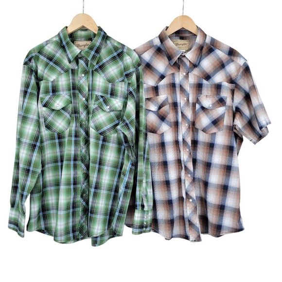 Wrangler Men's Green and Brown Plaid Pearl Snap Button Up Shirts Lot Of 2 - Picture 1 of 12